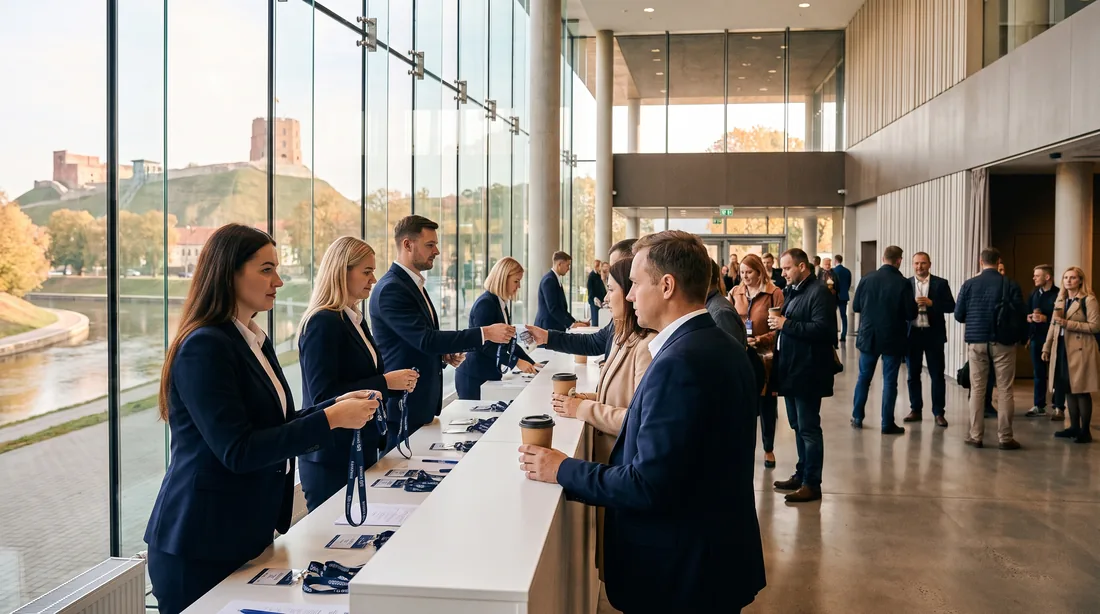 Hostessy przy stanowisku rejestracji uczestników kongresu w przeszklonym foyer centrum kongresowego z widokiem na zamek