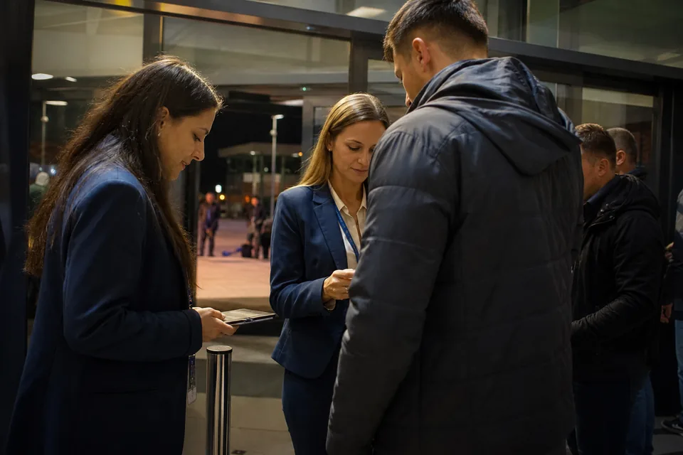 Dwie hostessy w granatowych żakietach sprawdzają gości na tablecie przy szklanym wejściu do hali wieczorem