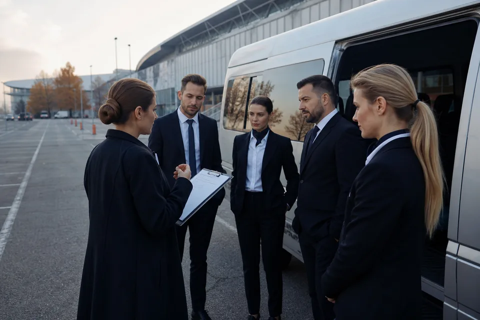 Koordynatorka agencji prowadzi poranną odprawę czterech hostess i hostów przy busie na parkingu centrum wystawienniczego